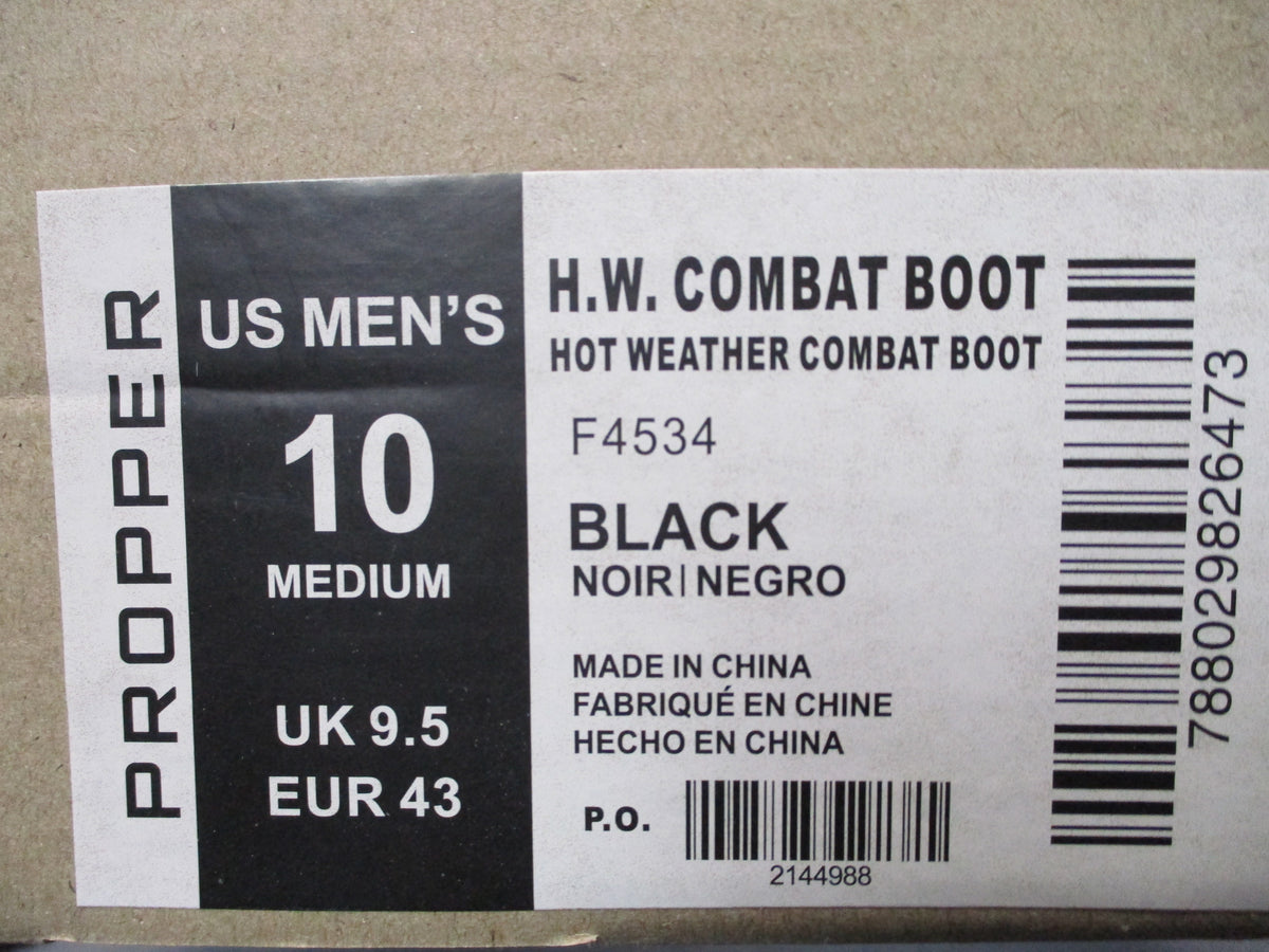 Black Propper military hot weather combat boots for men, US size 10, UK size 9.5, sturdy leather construction.