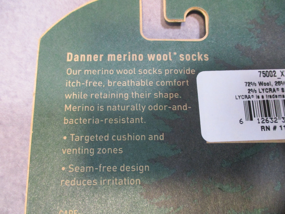 Two pairs of Danner Midweight Hunt Crew merino wool socks in XL, USA made, shown together