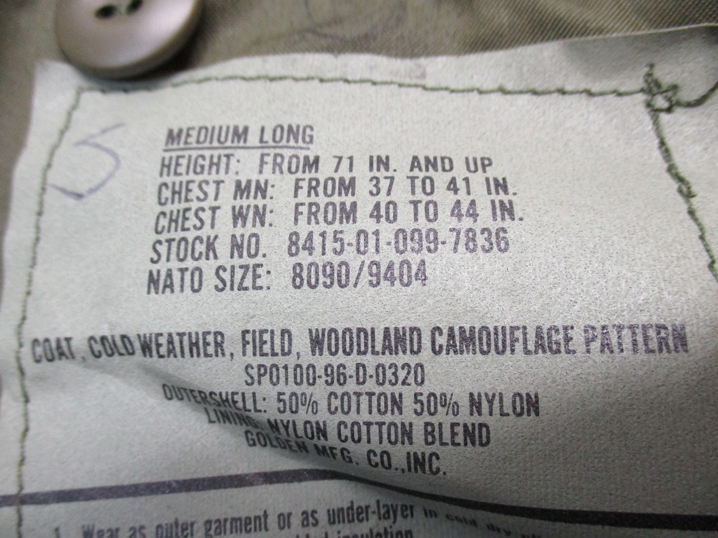 MILITARY USGI ARMY WOODLAND BDU M-65 FIELD JACKET MEDIUM/LONG COLD WEATHER COAT