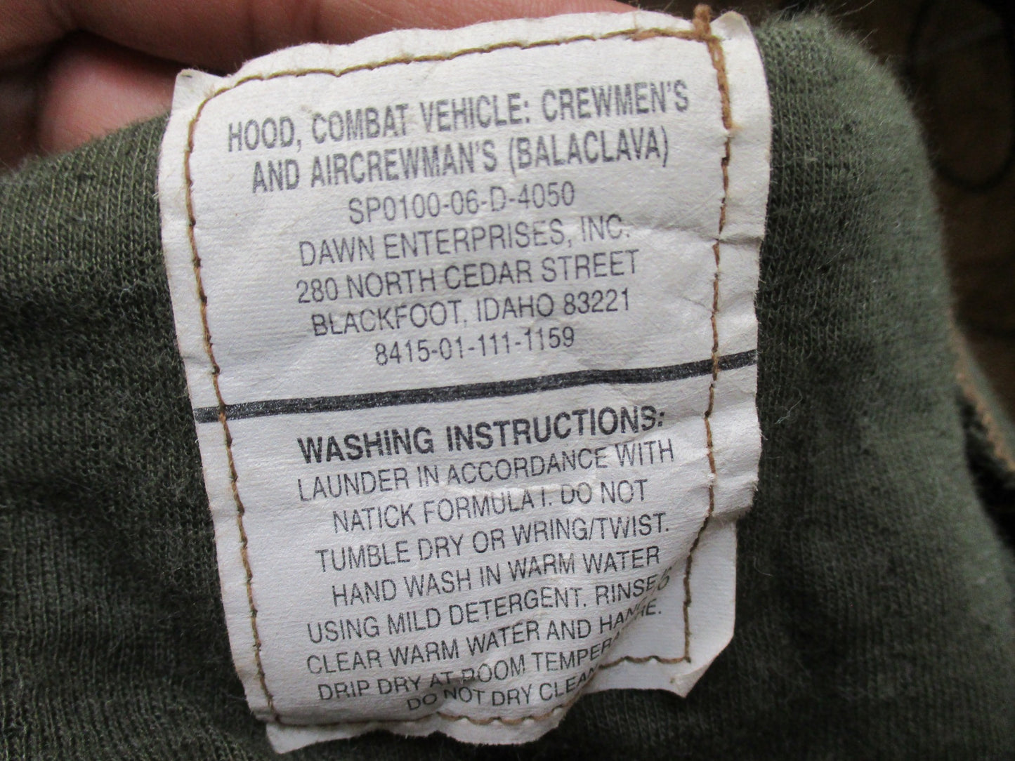 Brand new Centex Military Gear hooded combat vehicle crewman and aircrew flame-resistant ski mask balaclava, close-up view.