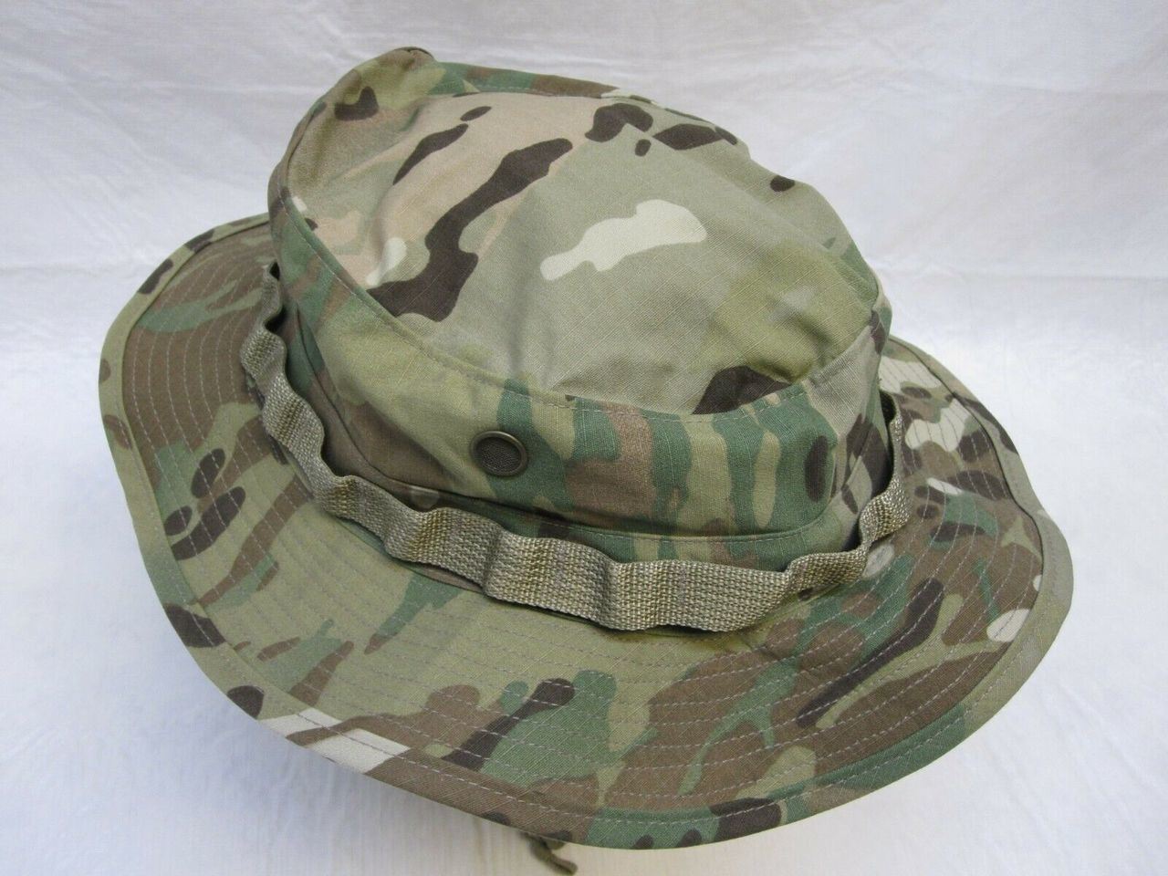 OEF Sun Hat USGI Army issue OCP Multicam boonie bucket hat, size 7-3/8, worn by military personnel with wide brim and camouflage pattern.