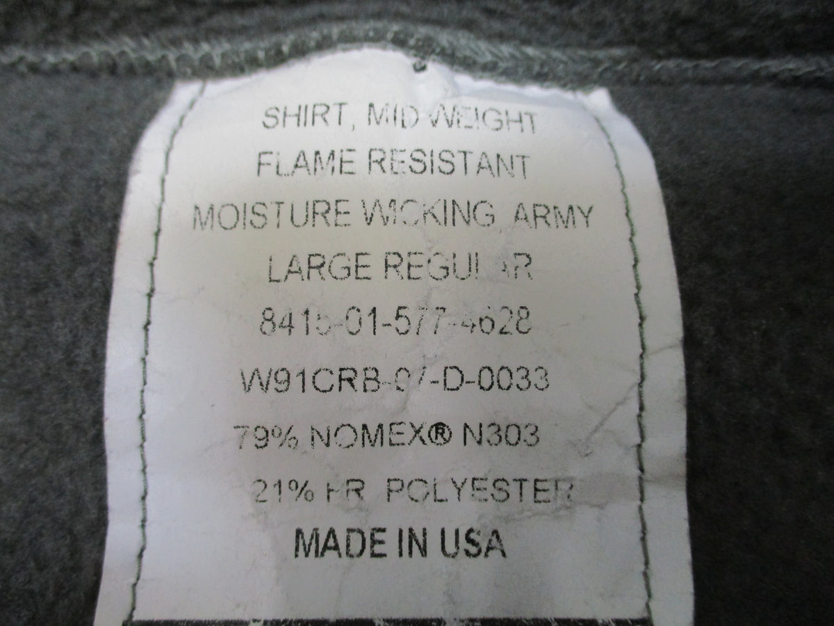 USGI Army Midweight Fleece Shirt Large Regular Foliage Green Nomex 1/4 Zip