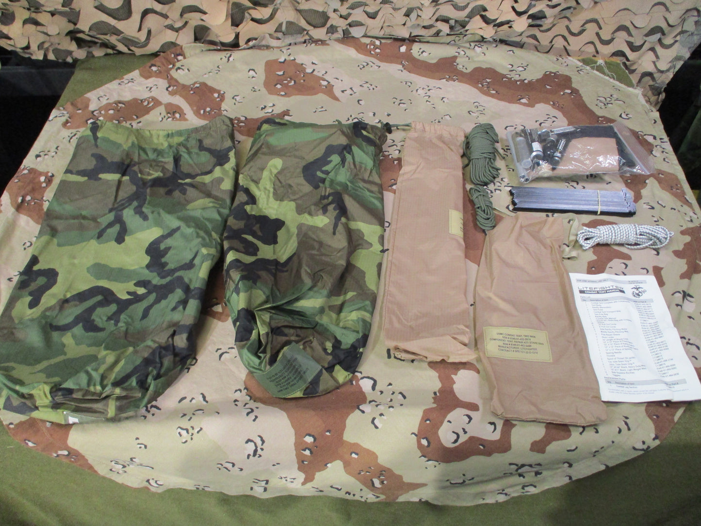 USMC LiteFighter 2 Man Combat Tent Woodland Tan Complete NSN 8340-01-452-5919