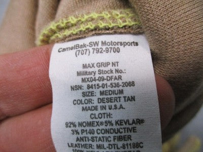 CamelBak Max Grip NT Gloves Medium Desert Tan Nomex Made With Kevlar New Tags