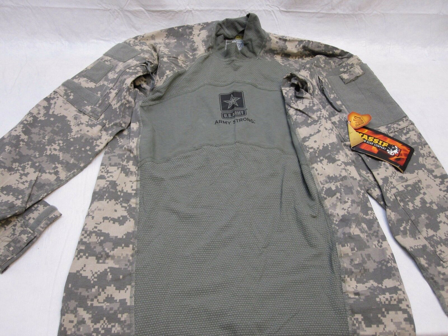 Centex Military Gear Massif Army combat shirt with flame-resistant fabric, large front emblem, ACU digital pattern, and logo detail.