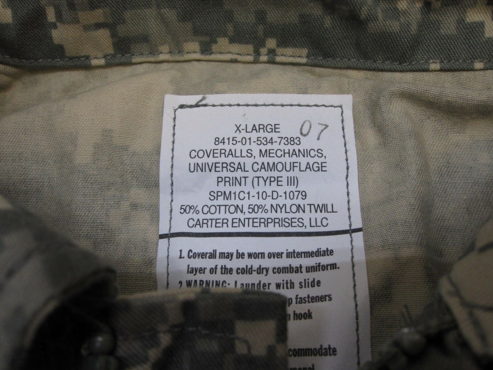 Centex Military Gear UCP Type III mechanic coveralls in X-Large with ACU digital camouflage pattern.