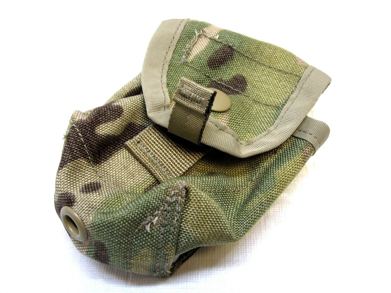 Used USGI Army issue frag grenade MOLLE pouch in OCP Scorpion camo, made by Centex Military Gear, designed for tactical gear storage.