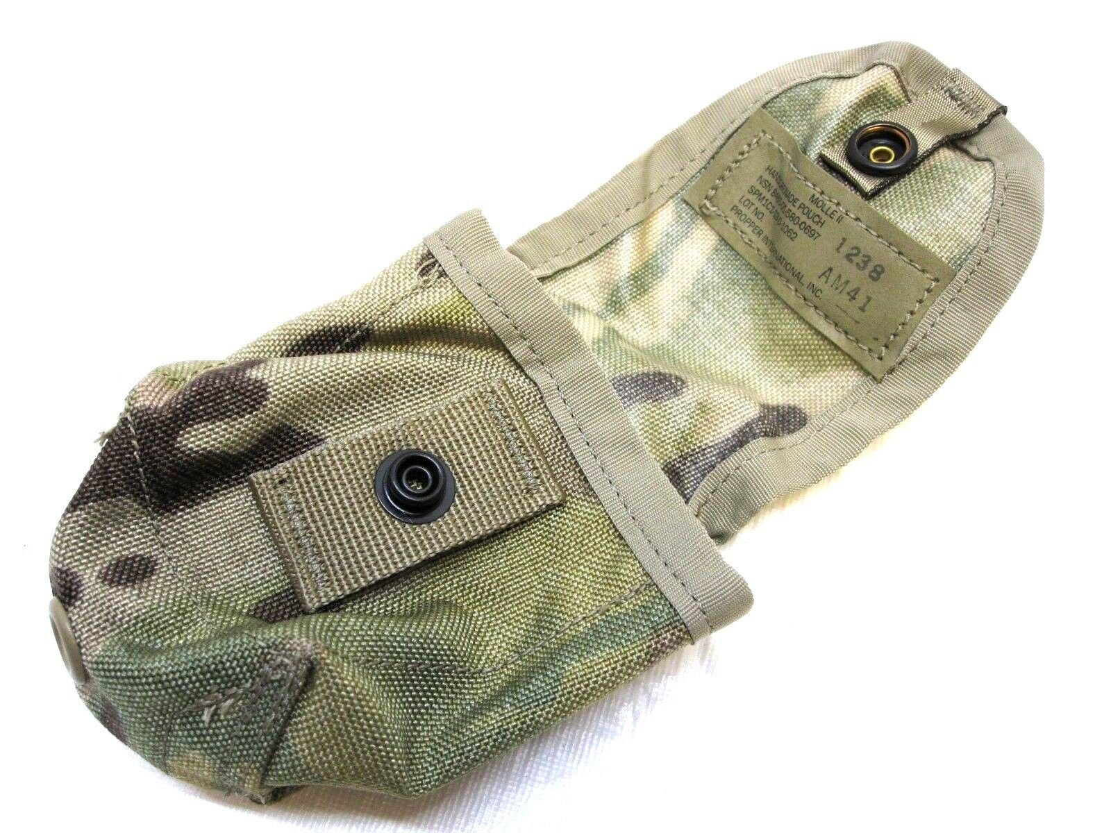 Used USGI Army issue frag grenade MOLLE pouch in OCP Scorpion camouflage, designed for tactical gear storage.