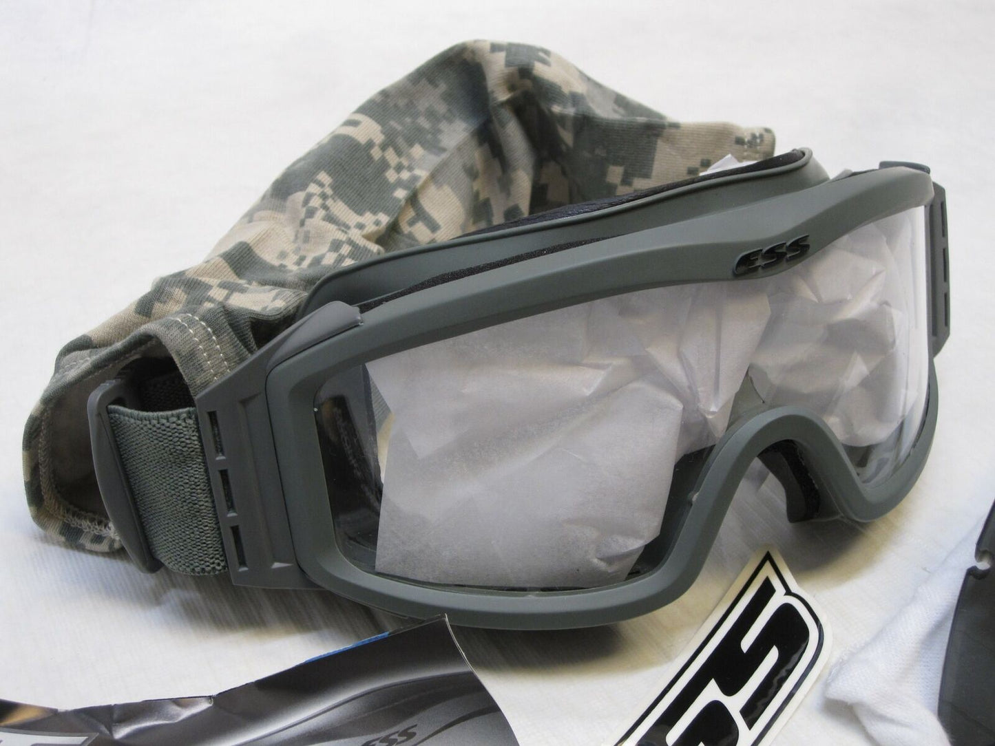 New Ess goggles low profile NVG eye protection in army ACU digital foliage green with sleeve by Centex Military Gear.