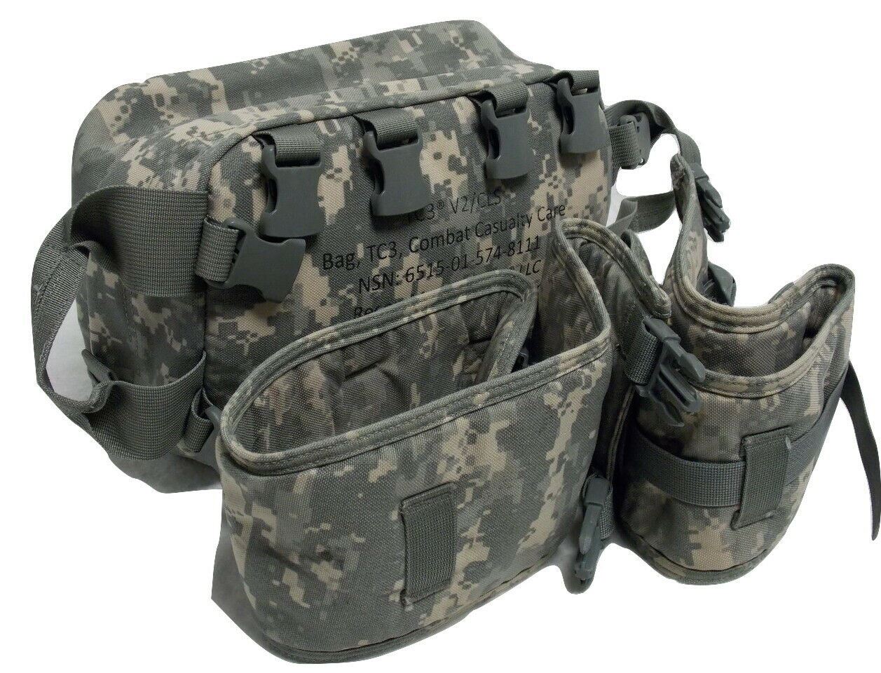 Empty Army ACU digital combat life saver bag by Centex Military Gear, T3 Recon Mountain medical kit pouch with multiple compartments.