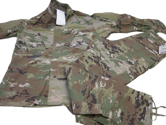 USGI FR ACU uniform set by Centex Military Gear featuring OCP Scorpion camouflage shirt and pants in small long size.
