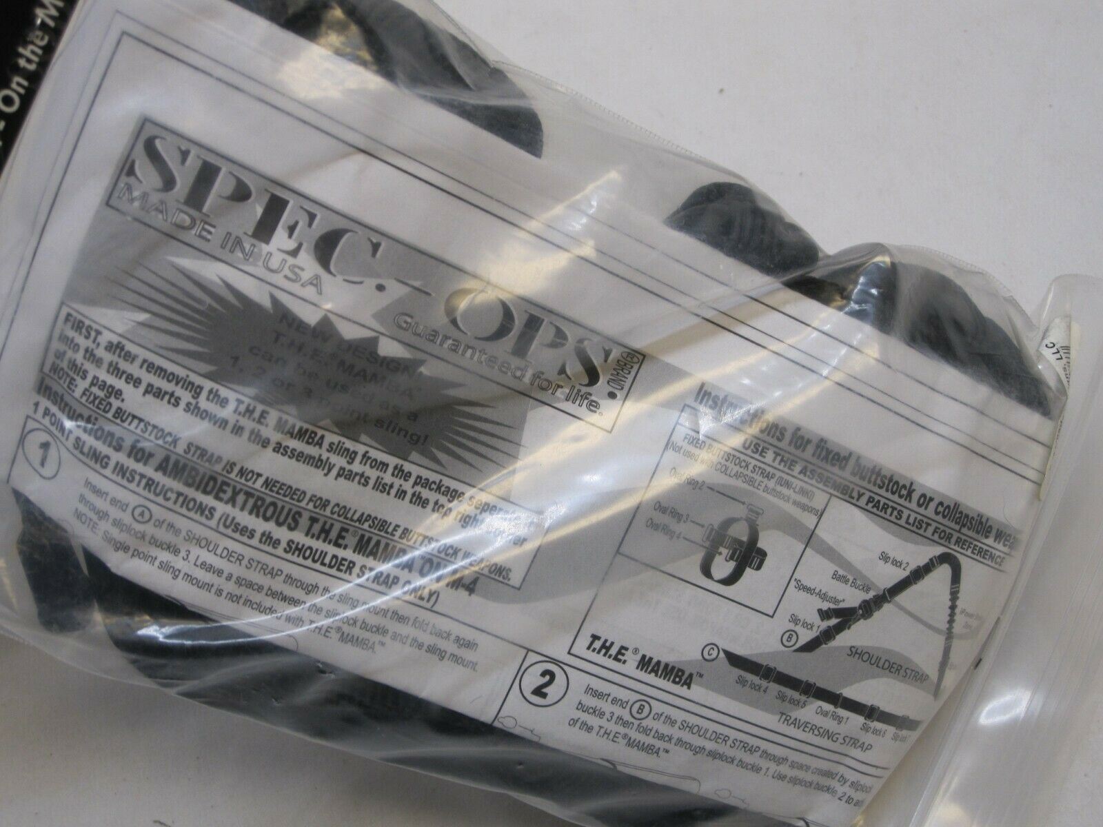 Black Spec-Ops Universal Mamba 3-Point Combat Flighting Sling by Centex Military Gear, showing adjustable straps and secure attachment points.