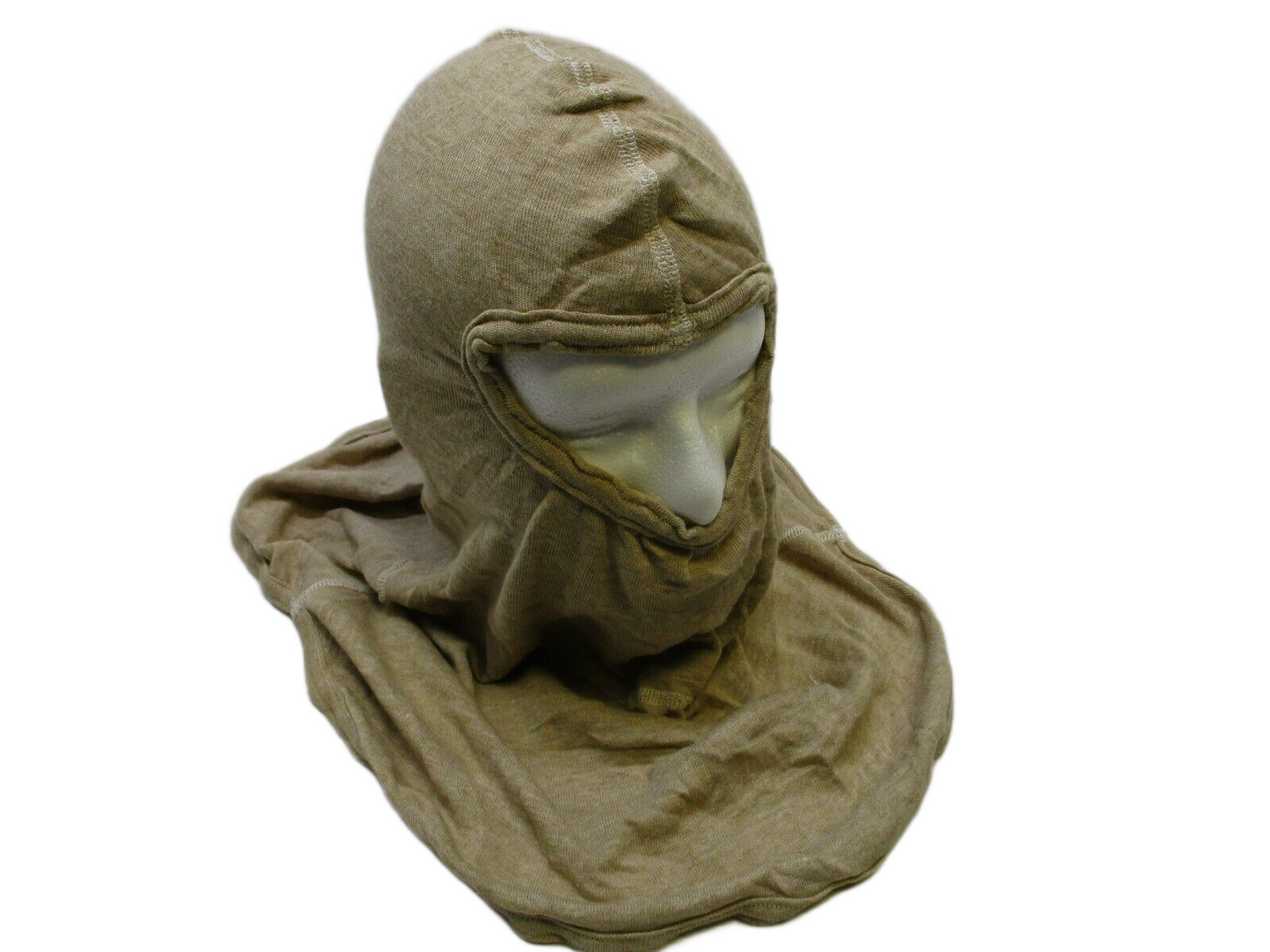 Tan military antiflash hood balaclava with flame-resistant PBI CVC fabric by Centex Military Gear, showing the protective headgear.