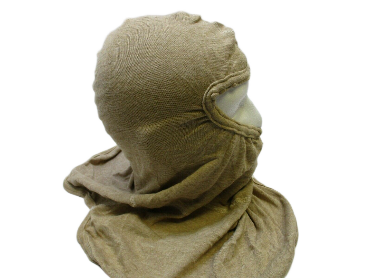 Tan military antiflash hood balaclava made of flame-resistant PBI and CVC fabric, designed for protective gear.