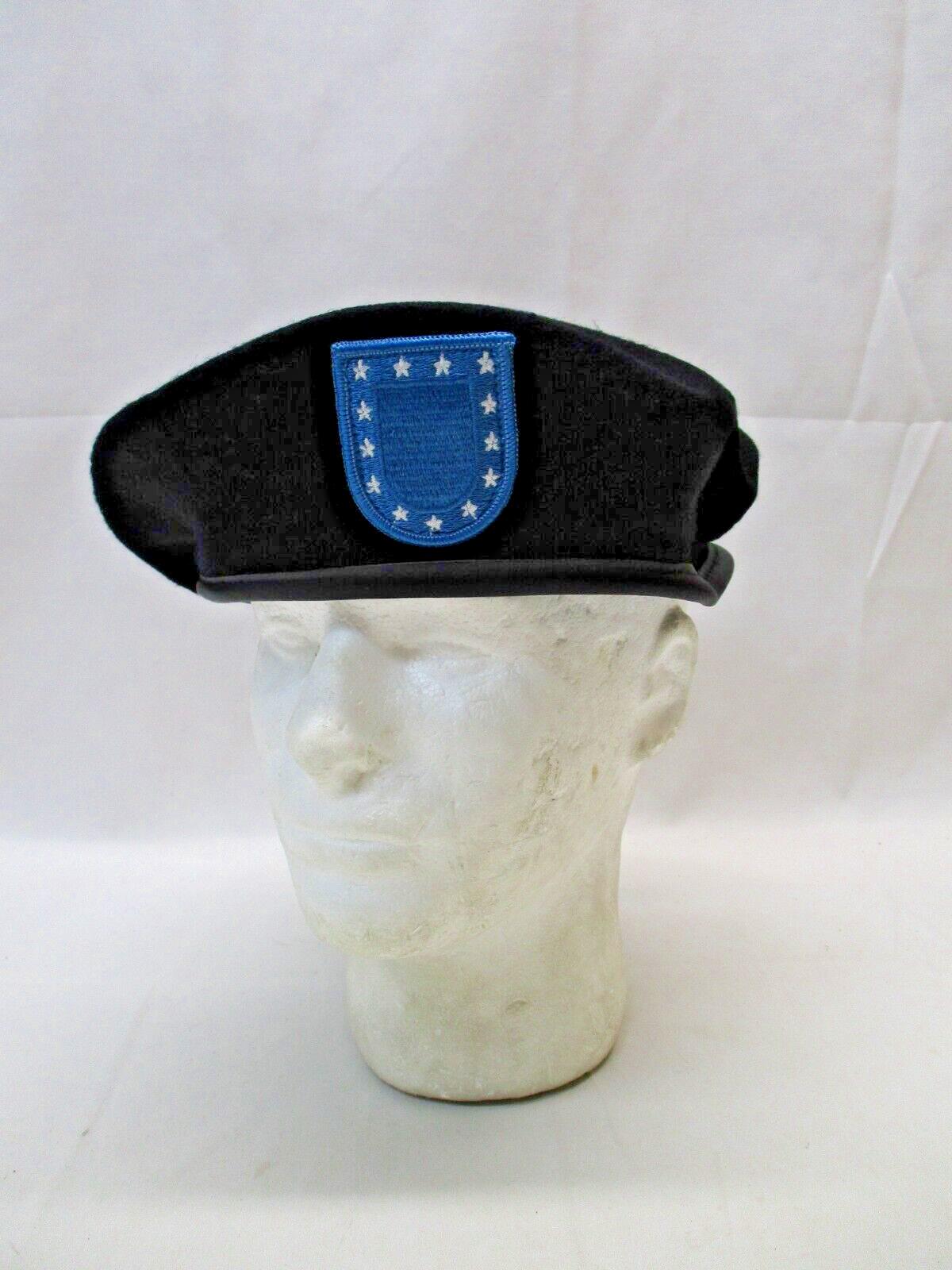 NOS USGI ARMY 100% WOOL BLACK BERET COMMANDO HEADGEAR MILITARY HAT w. FLASH