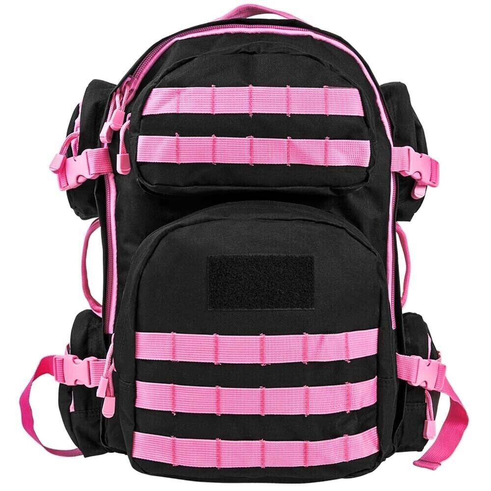 WOMENS PINK/BLACK TACTICAL BACKPACK 3 DAY BUG OUT BAG ASSAULT PACK MOLLE WEBBING