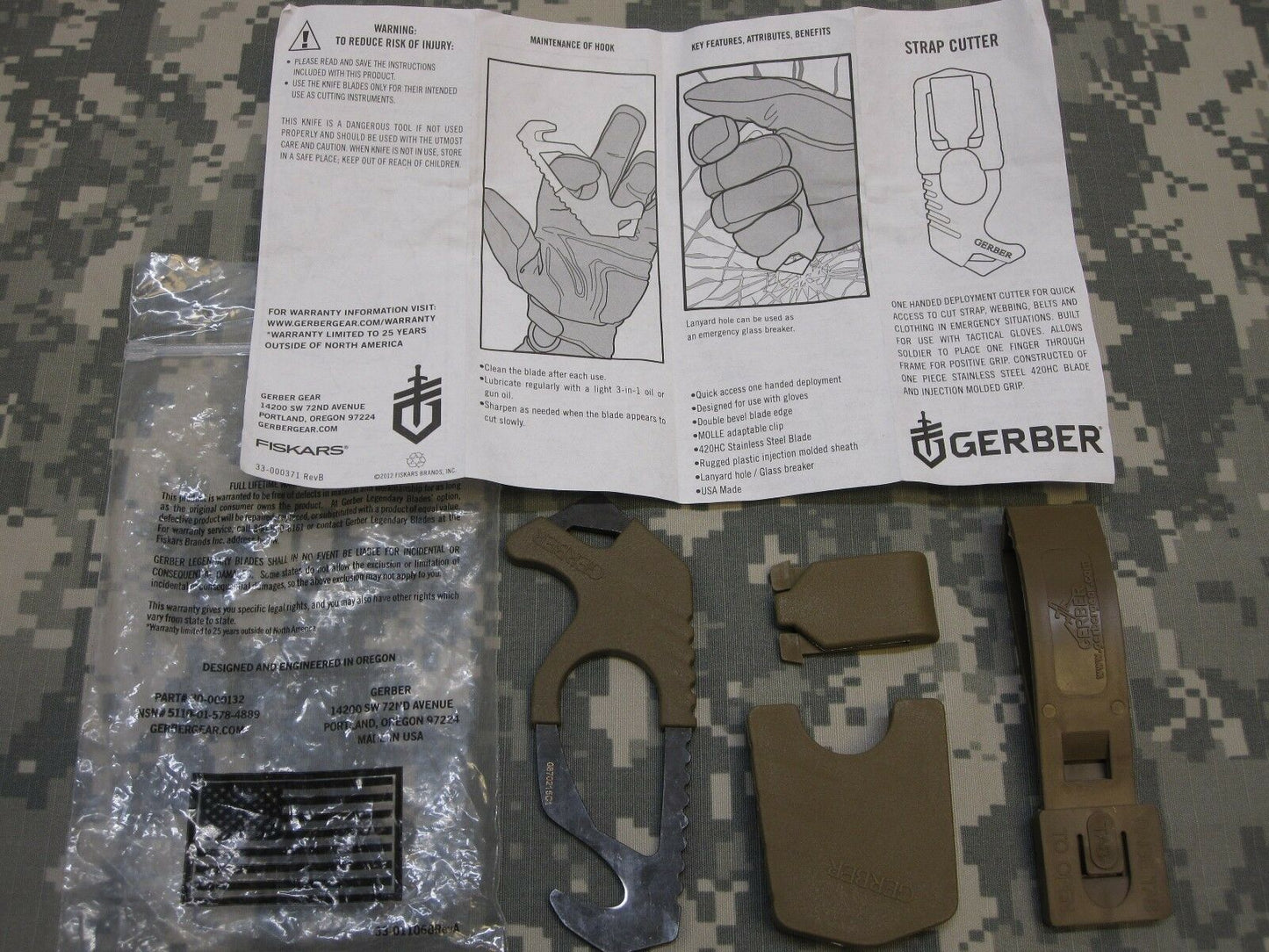Coyote brown Gerber strap cutter and seat belt hook knife in military issue design with Army OCP pattern, by Centex Military Gear.