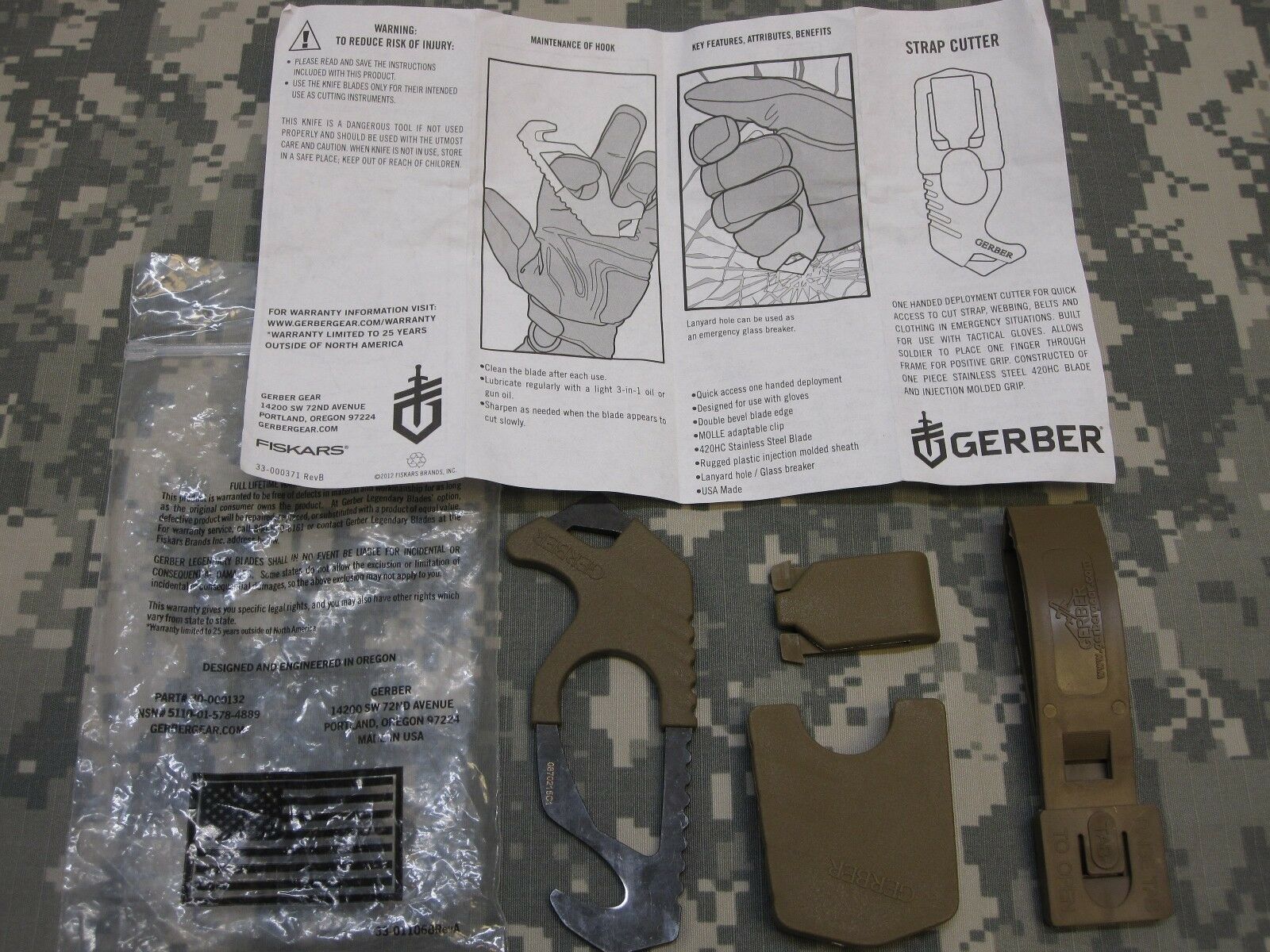 Coyote brown Gerber strap cutter and seat belt hook knife in military issue design with Army OCP pattern, by Centex Military Gear.