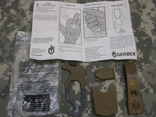 Coyote brown Gerber strap cutter and seat belt hook knife in military issue design with Army OCP pattern, by Centex Military Gear.