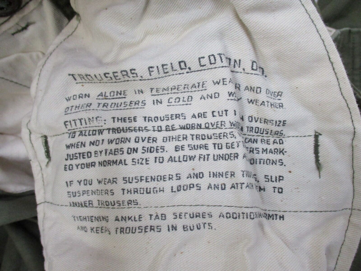 VINTAGE USGI MILITARY TROUSERS FIELD COTTON OD 32x30 TEMPERATE WEATHER