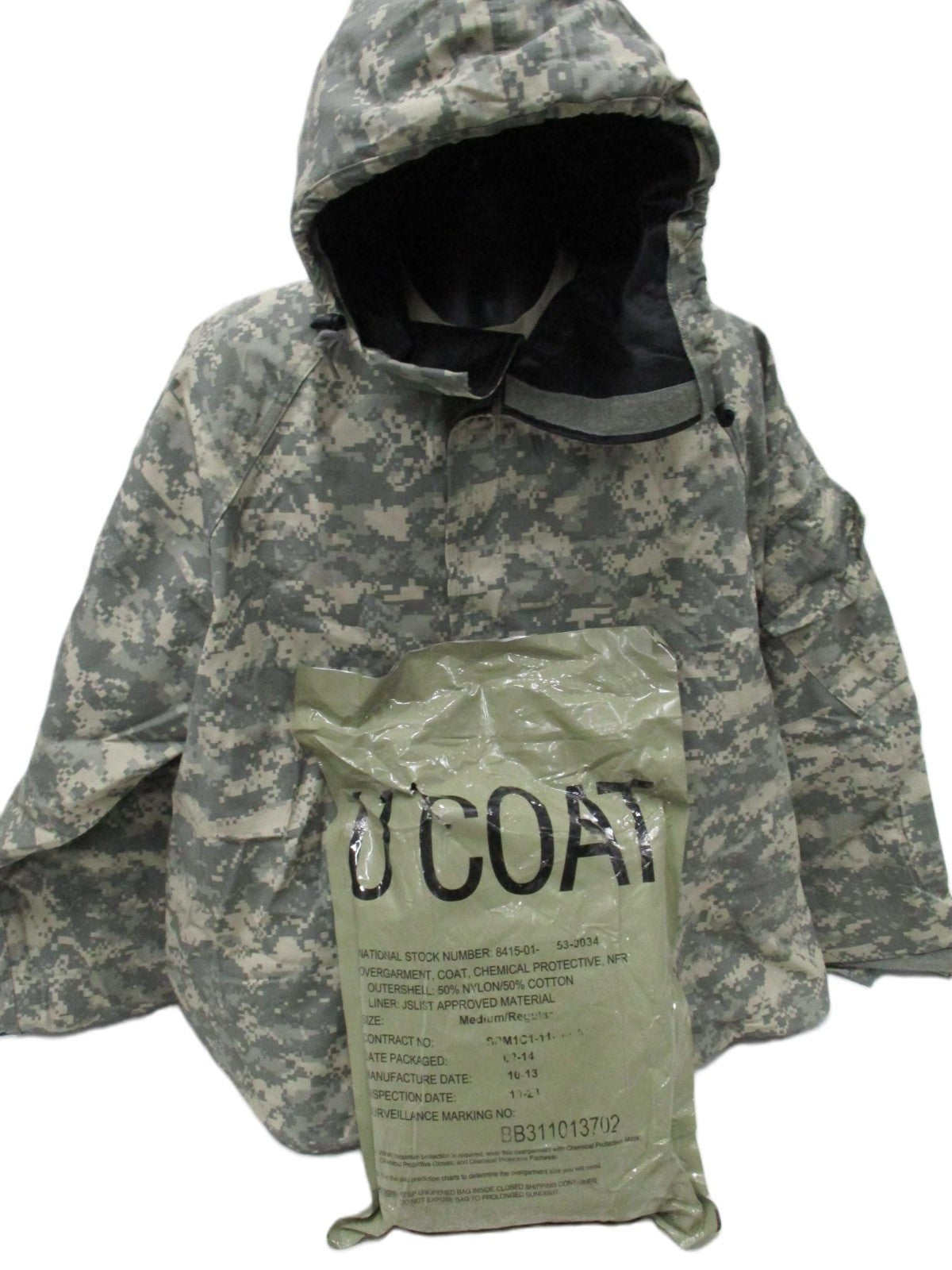 Centex Military Gear NIP ACU digital camouflage army jacket with MOPP suit overgarment, chemical-resistant overcoat for tactical use.