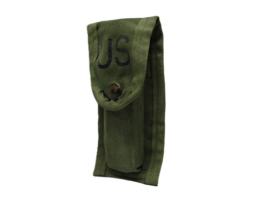 Used USGI OD green military single pouch for 9mm and .45 cal pistol mags, made by Centex Military Gear, with ammo clips.