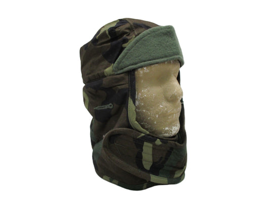 Combat helmet with BDU pile cap liner by Centex Military Gear, suitable for extreme cold weather in woodland camouflage.