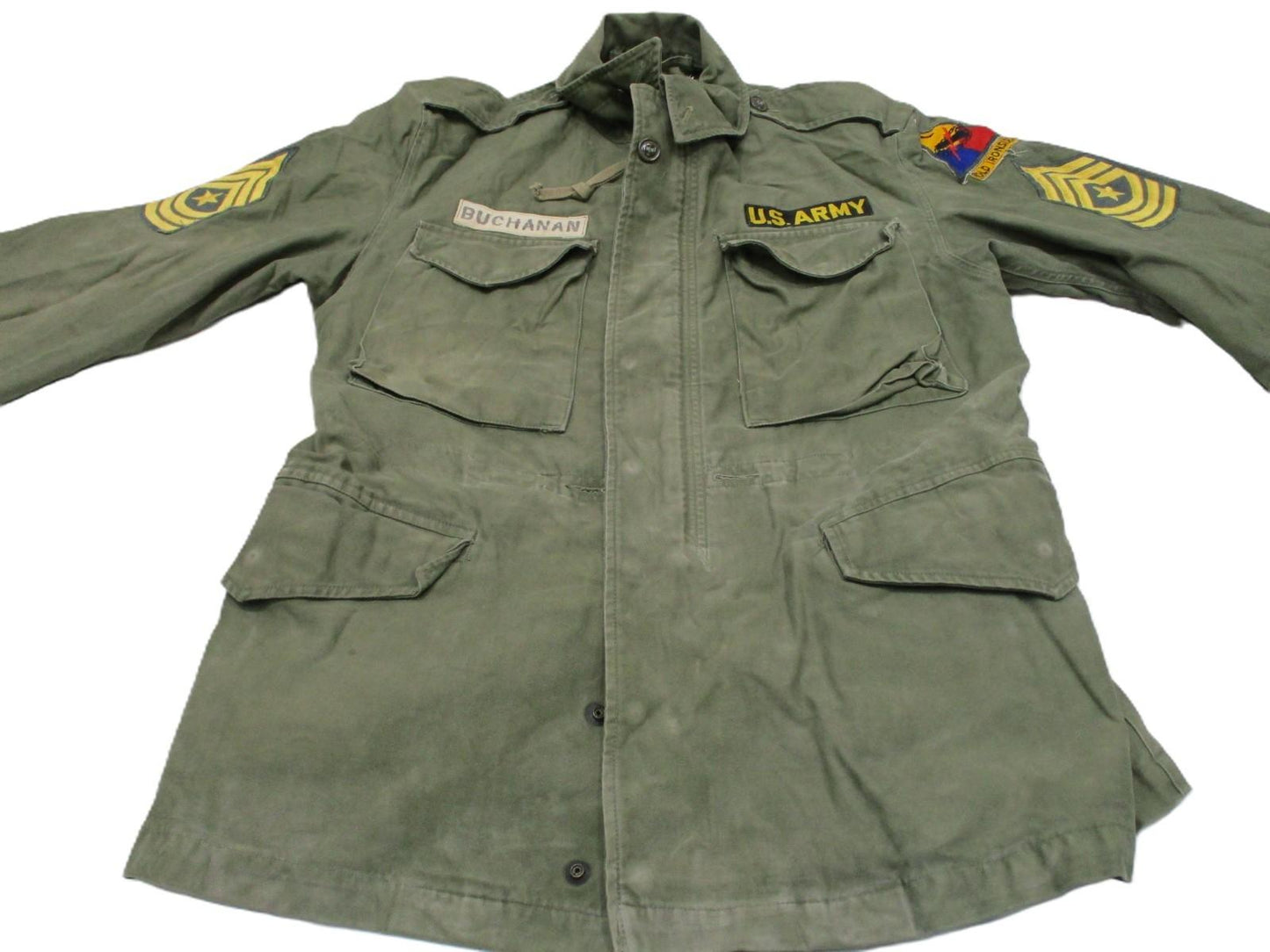 US Army M-1951 M51 Field Coat Olive Green Distressed OD Jacket Mens Medium Patch