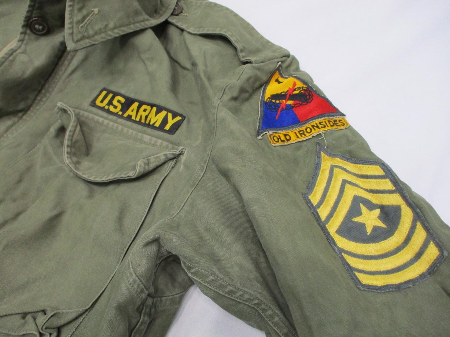 US Army M-1951 M51 Field Coat Olive Green Distressed OD Jacket Mens Medium Patch