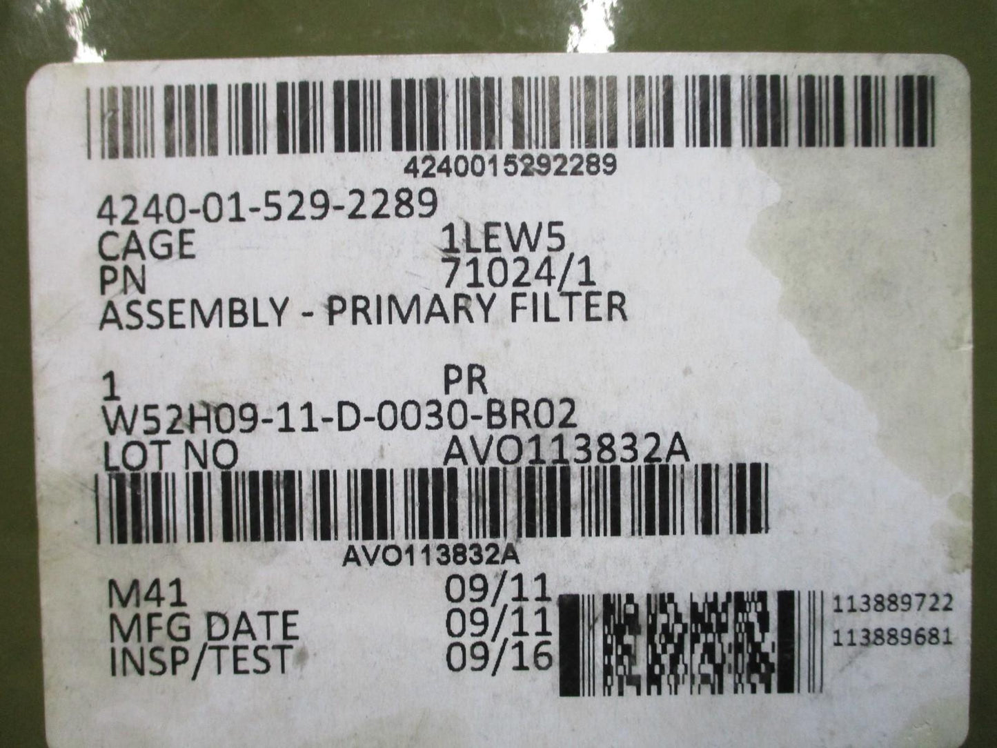 USGI Primary Filter Assembly NSN 4240-01-529-2289 CBRN Surplus Sealed