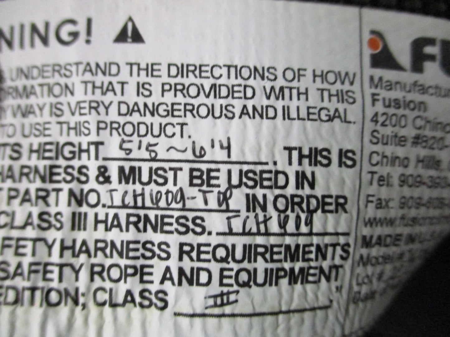 Fusion TCH6009FR-L Safety Harness NFPA Class III USA Made 34–45" Waist New NOS