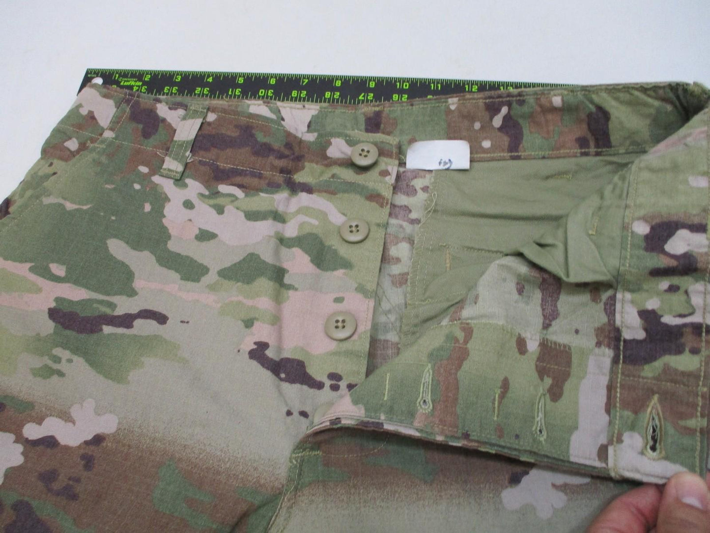 Unisex Army Combat Uniform OCP flame-resistant trousers in medium-short size, featuring tactical design and durable fabric.