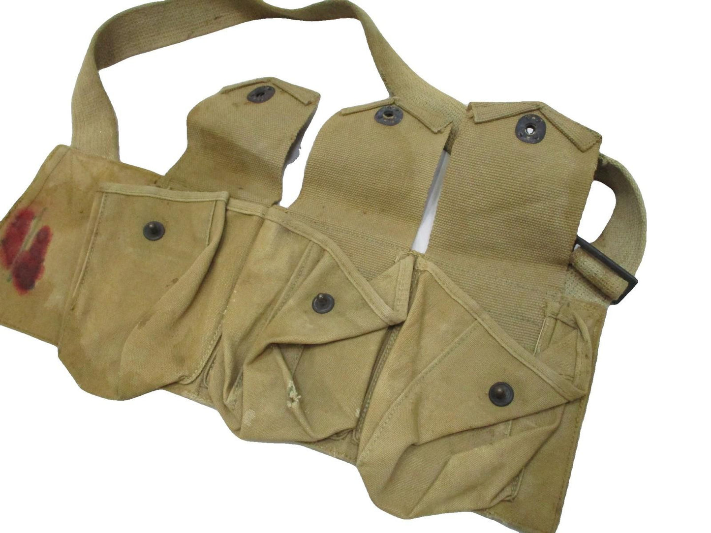 Vintage WWI era canvas bandolier pouch by Centex Military Gear, featuring military web gear with right-side design and bar detail.