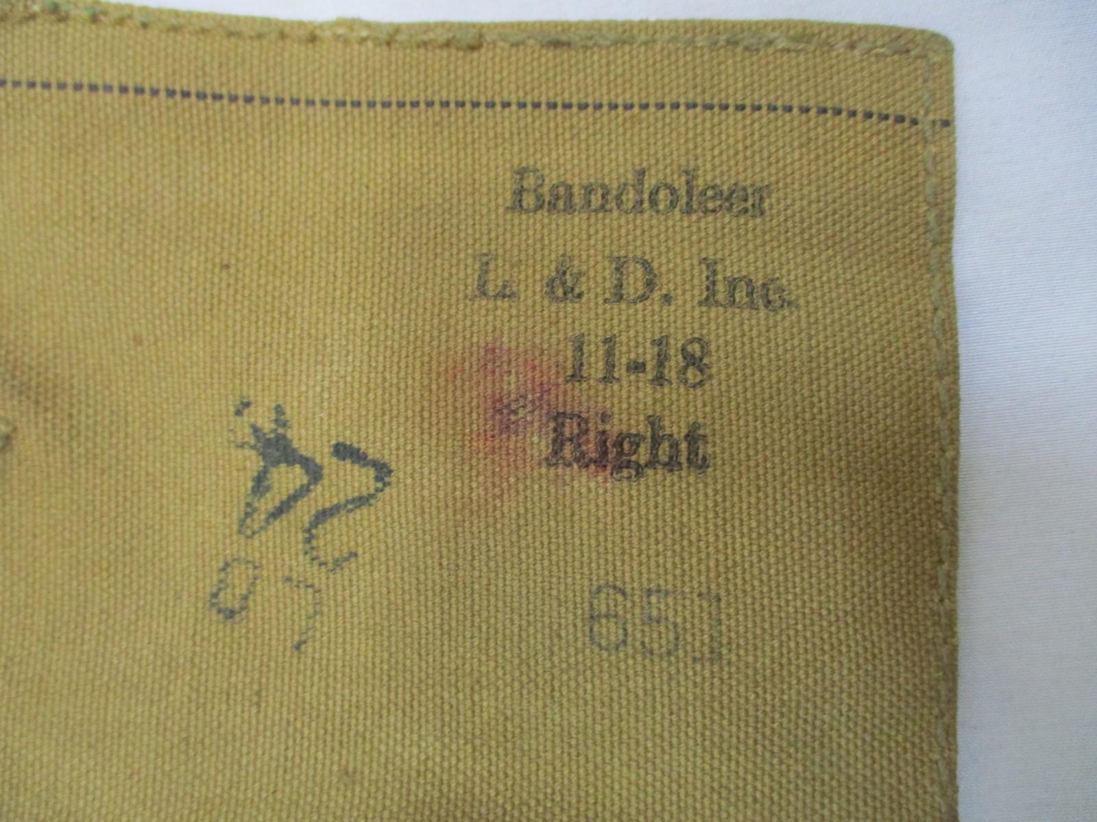 Vintage WWI era canvas bandolier pouch by Centex Military Gear, military web gear with right-side BAR ammunition pouch.