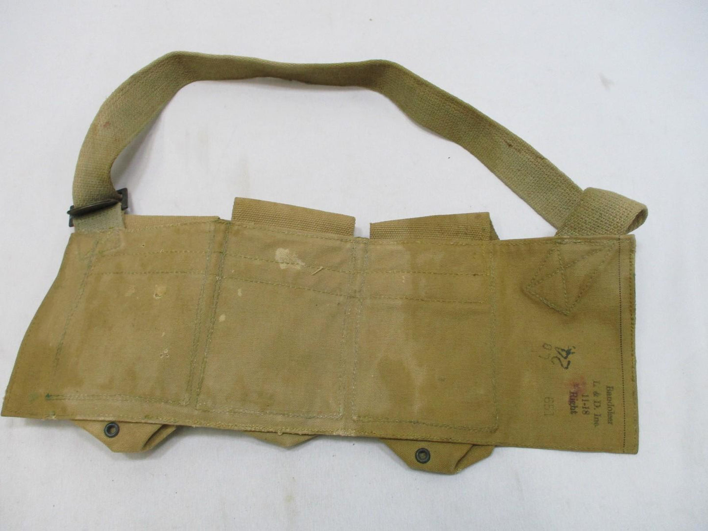 Vintage WWI-era canvas bandolier pouch by Centex Military Gear, military web gear with right-side design and BAR markings.