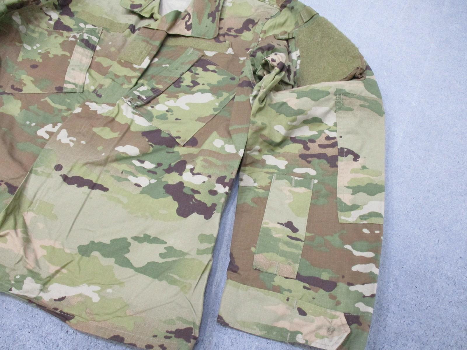 Unisex Army Combat Uniform Shirt in OCP Scorpion camouflage with long sleeves, size large-regular, made of 50/50 NYCO fabric.