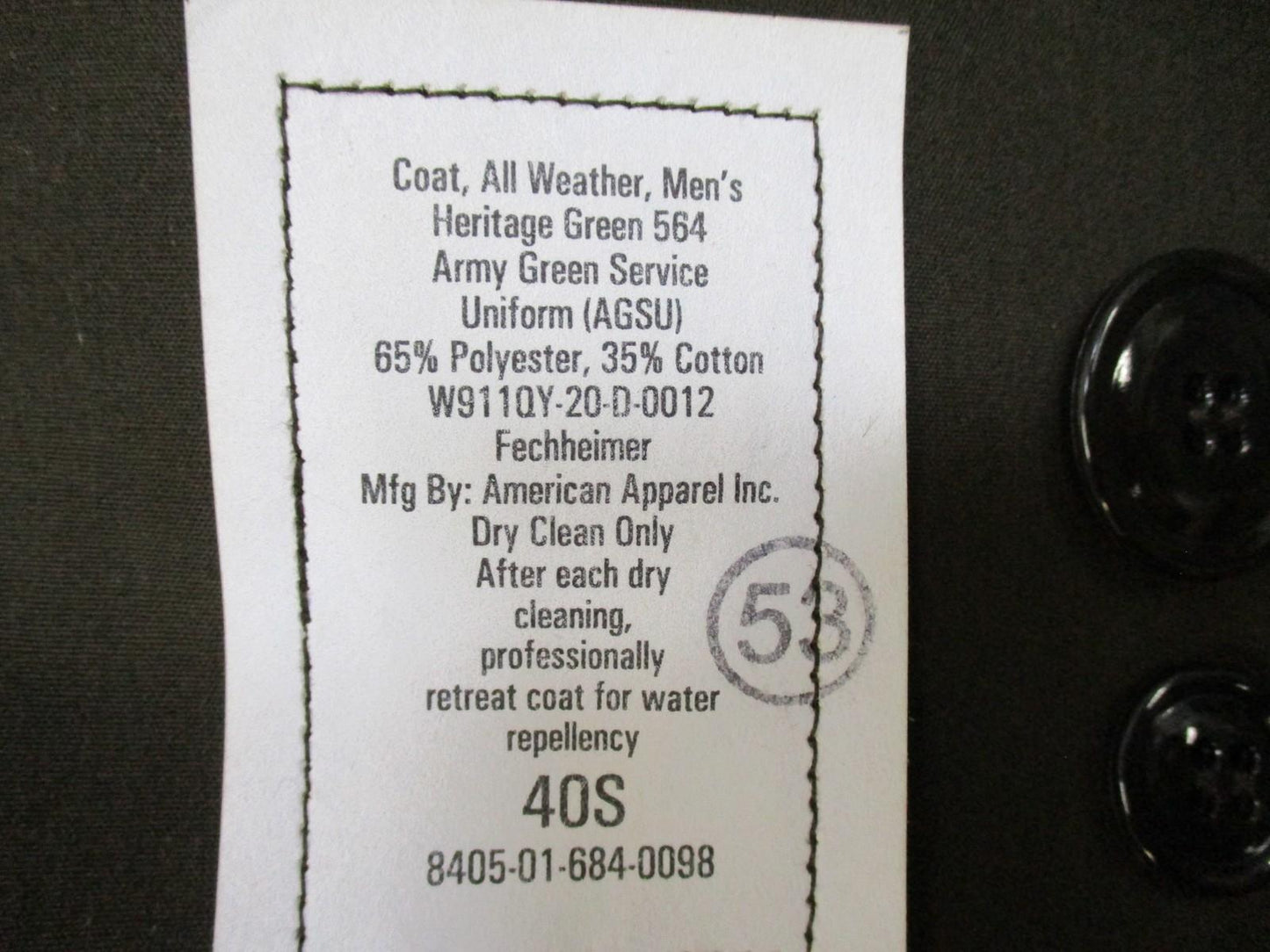 US Army AGSU Trench Coat All Weather Heritage Green 40S PINKS & GREENS - Centex Military Gear