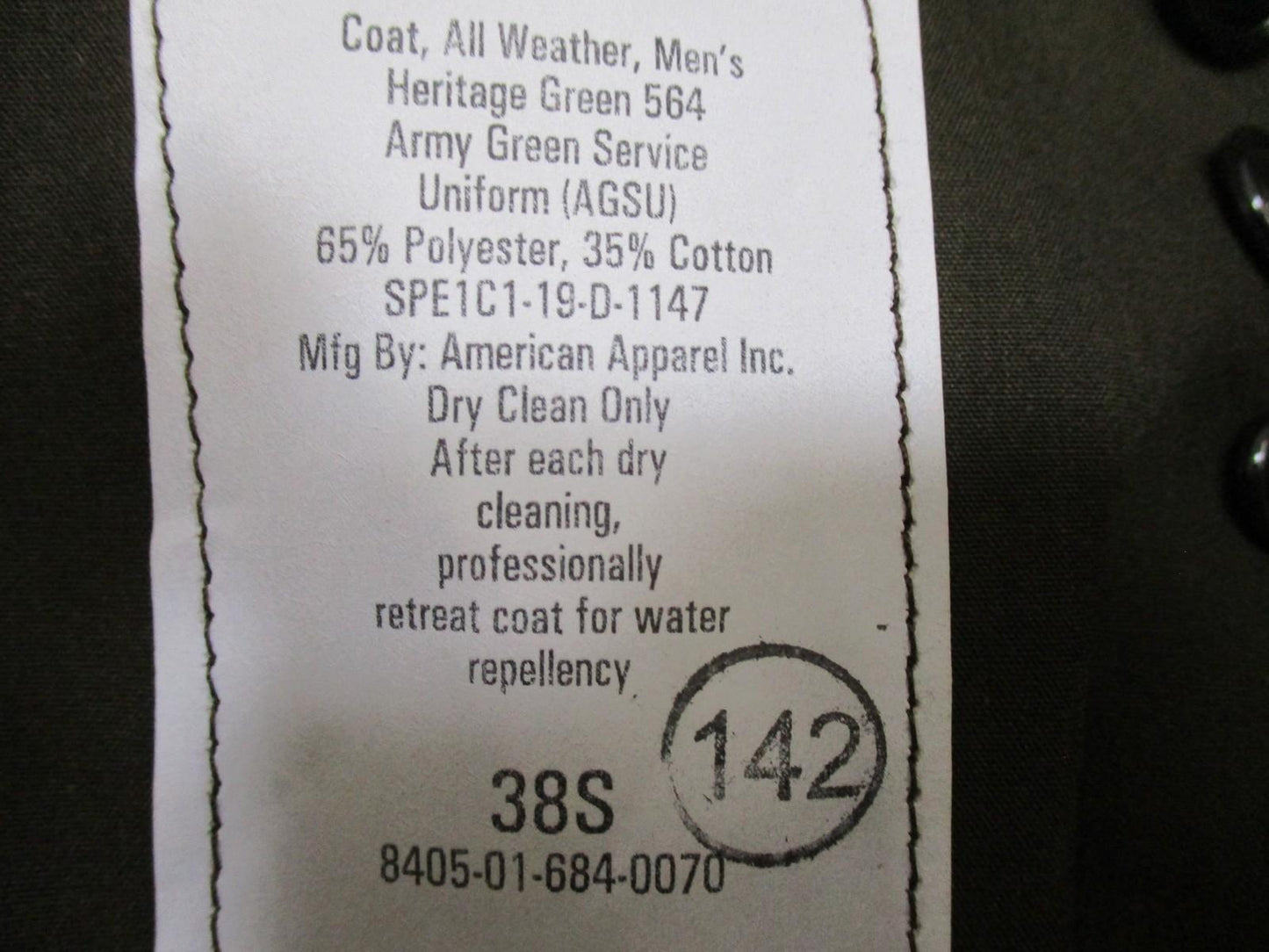 US Army Dress Uninform Men's All Weather Coat Heritage Green 38S AGSU Pinks