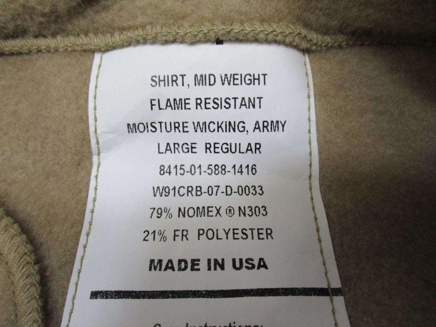 Tactical Mid Weight Fleece Shirt Large Regular Flame Resistant Moisture Wicking