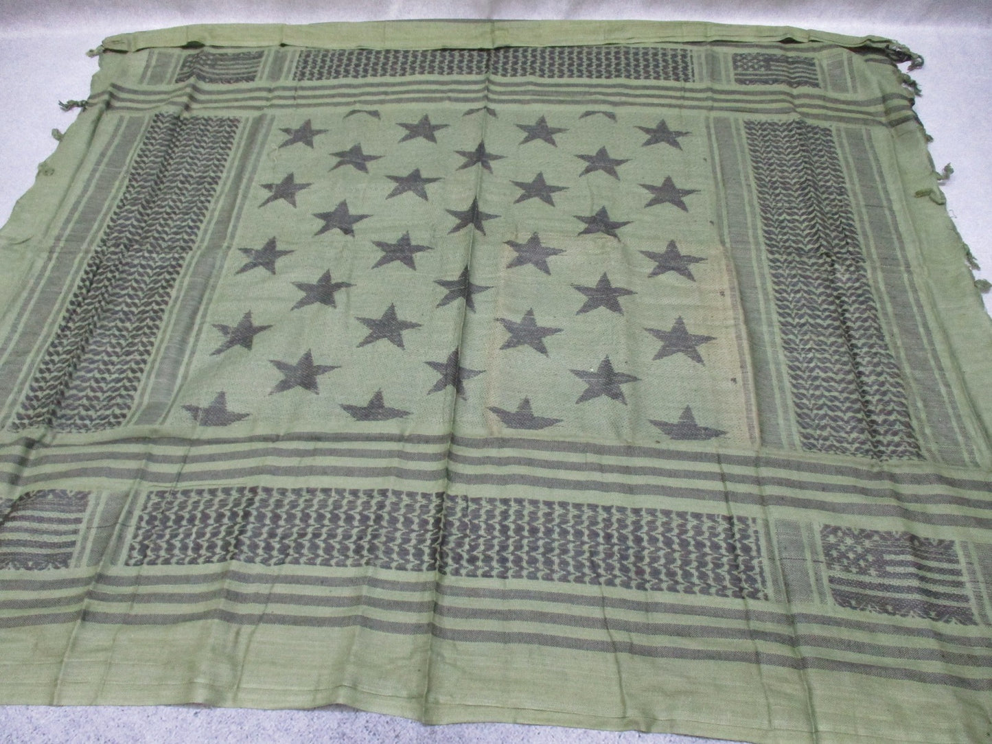 Olive green RAPDOM tactical shemagh scarf with star pattern, designed for outdoor and military use.