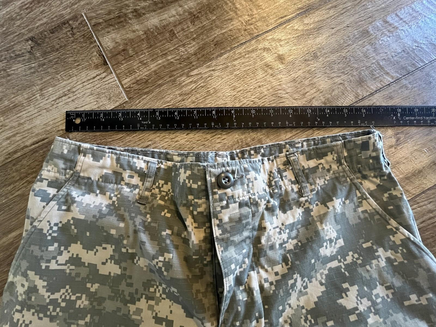 Used Centex Military Gear US Army ACU digital camouflage cargo pants, medium short, with altered fit, in good condition.
