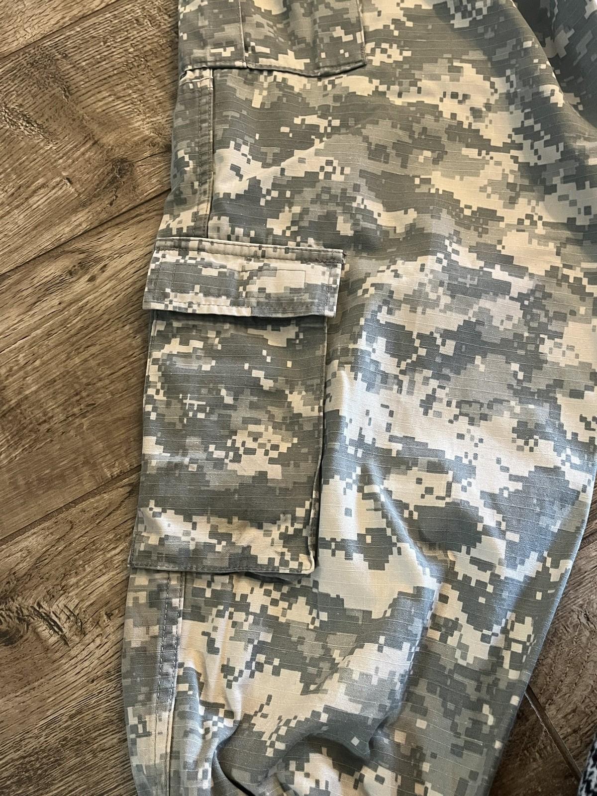 Used Centex Military Gear US Army ACU digital camouflage cargo pants, medium short size, with altered fit, in good condition.