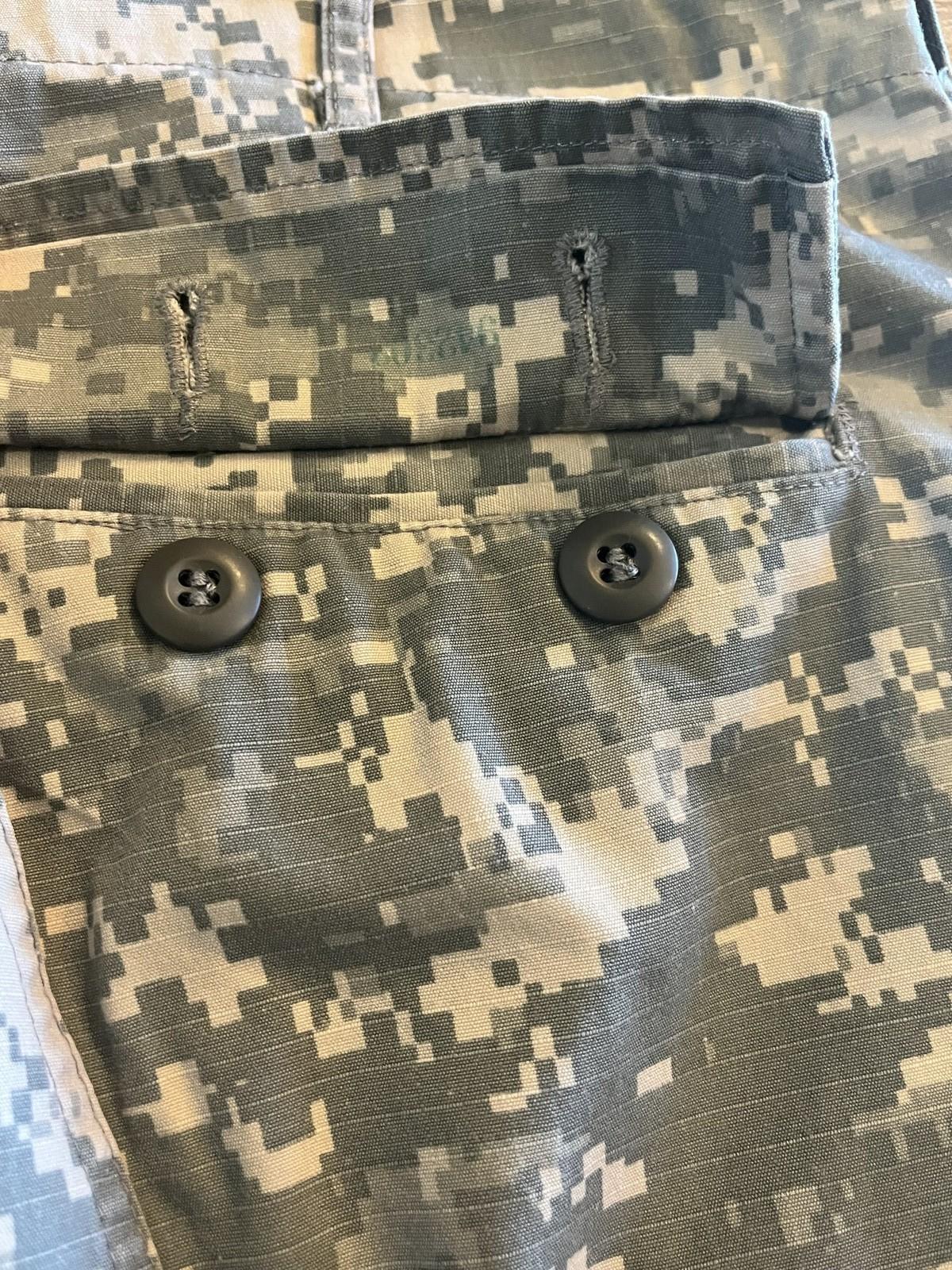 Used Centex Military Gear US Army ACU digital camo cargo pants, medium short size, showing front view with pockets and camouflage pattern.