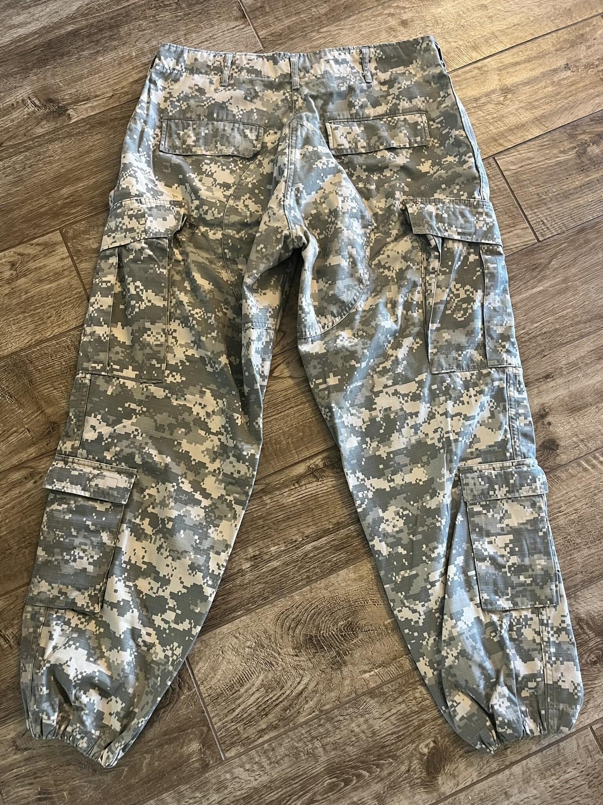 Used Centex Military Gear US Army ACU digital camo cargo pants, medium short size, with altered fit, in good condition.