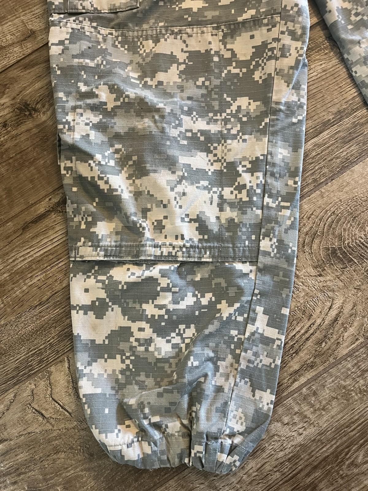 Used Centex Military Gear US Army ACU digital camo cargo pants, medium short size, with altered fit, in good condition.