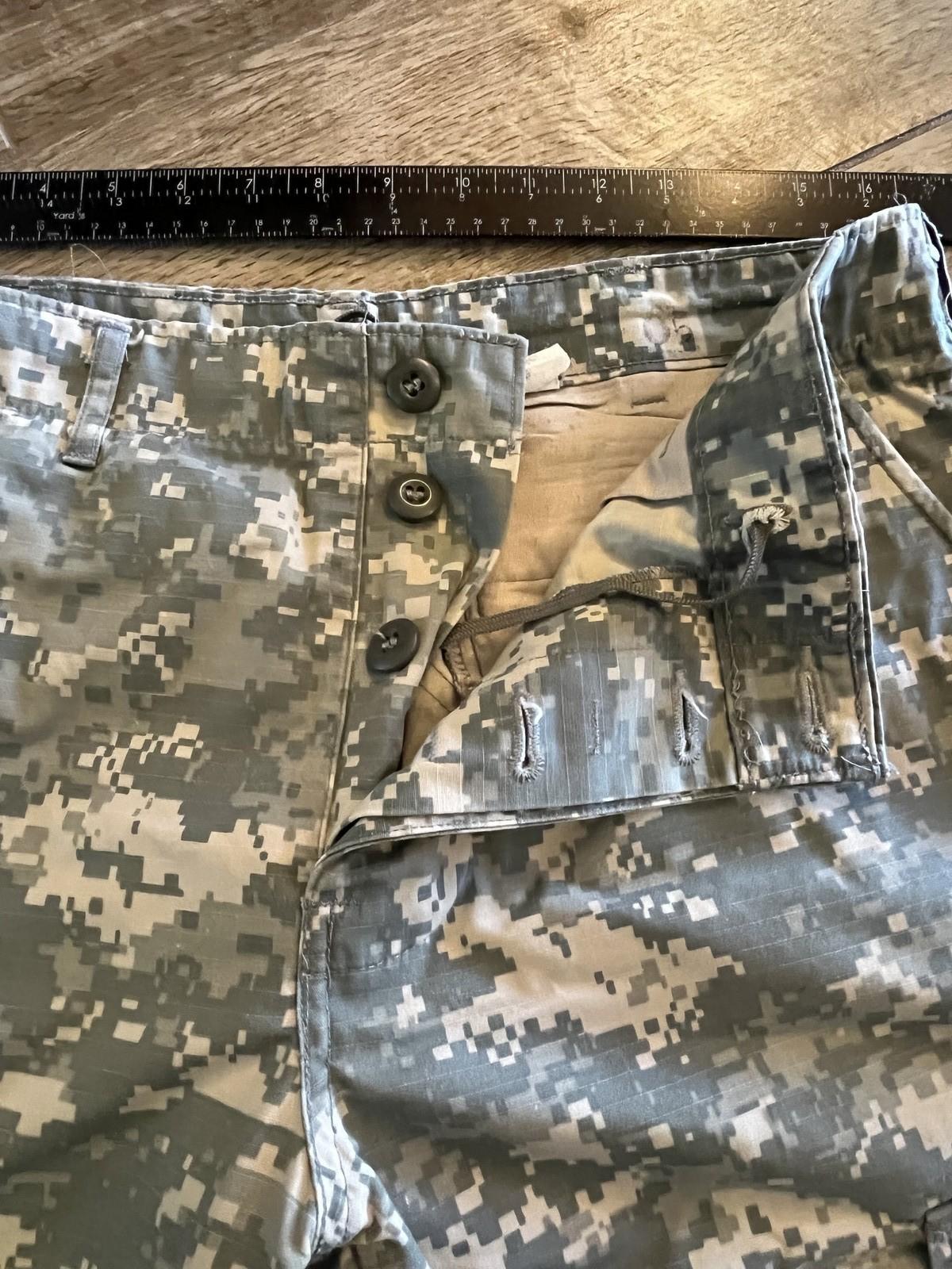 Used Centex Military Gear US Army ACU digital camouflage cargo pants, medium short size, altered, in good condition.