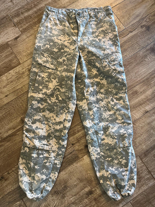 Centex Military Gear Army ACU digital camo cargo pants in small regular size with altered ankles, military uniform for tactical use.
