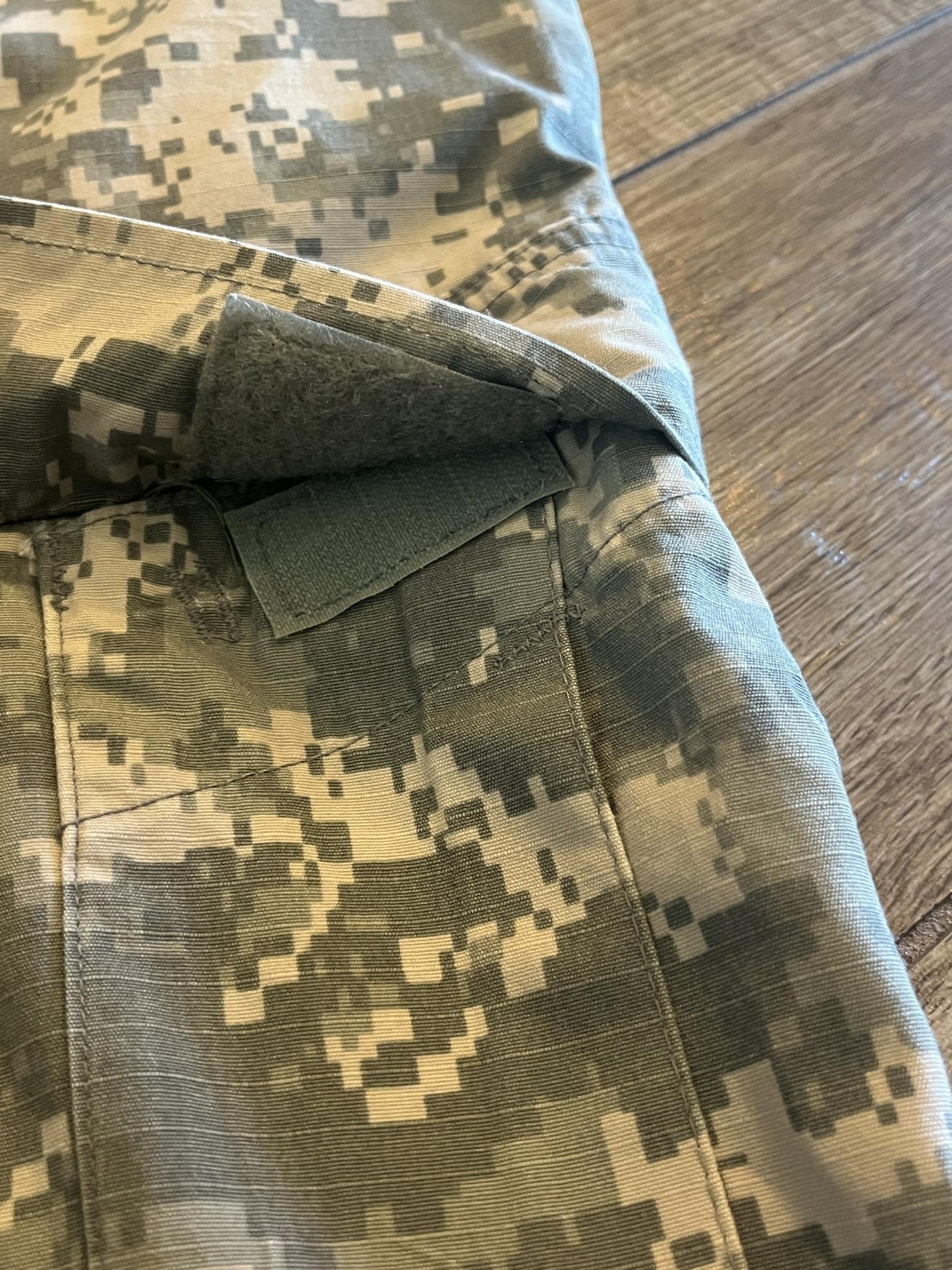 Centex Military Gear Army ACU digital camo cargo pants in small regular size with altered ankles, military uniform designed for durability.