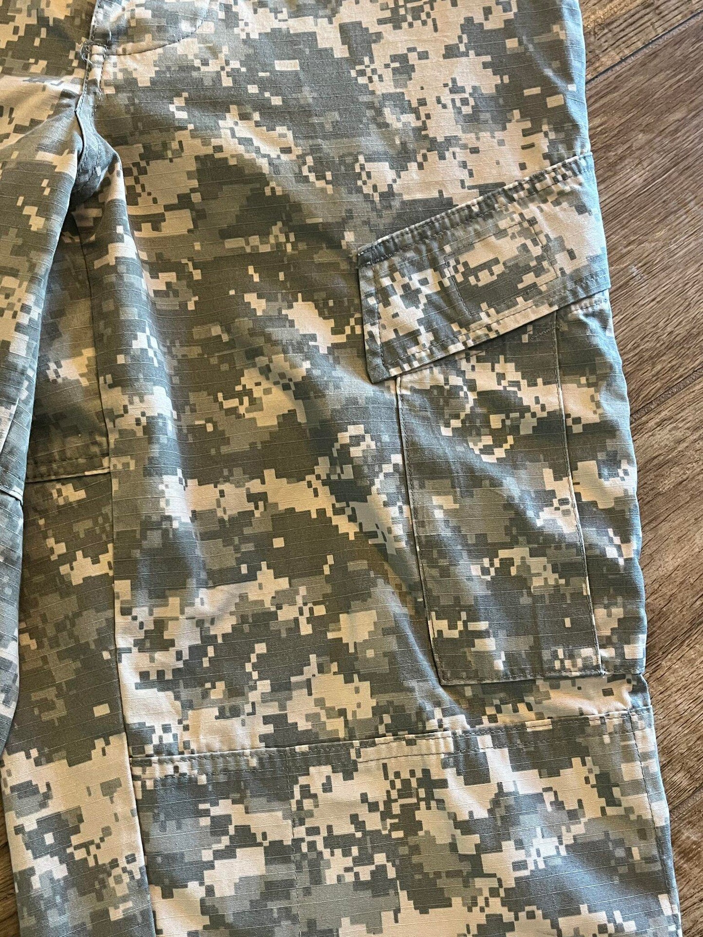 Army ACU digital camo cargo pants by Centex Military Gear, small regular size, with altered ankles and military uniform style.