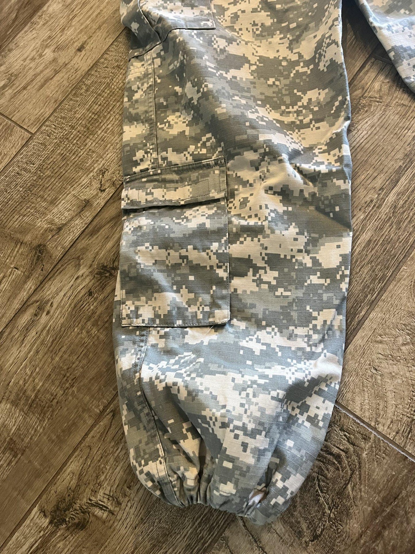 Centex Military Gear Army ACU digital camo cargo pants in small regular size with altered ankles, military uniform style.